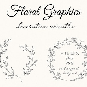 Pode incluir: Gráficos florais grinaldas decorativas em tinta preta. A imagem apresenta duas grinaldas decorativas, uma com folhas e outra com flores. O texto inclui "with EPS, SVG, PNG on transparent background."