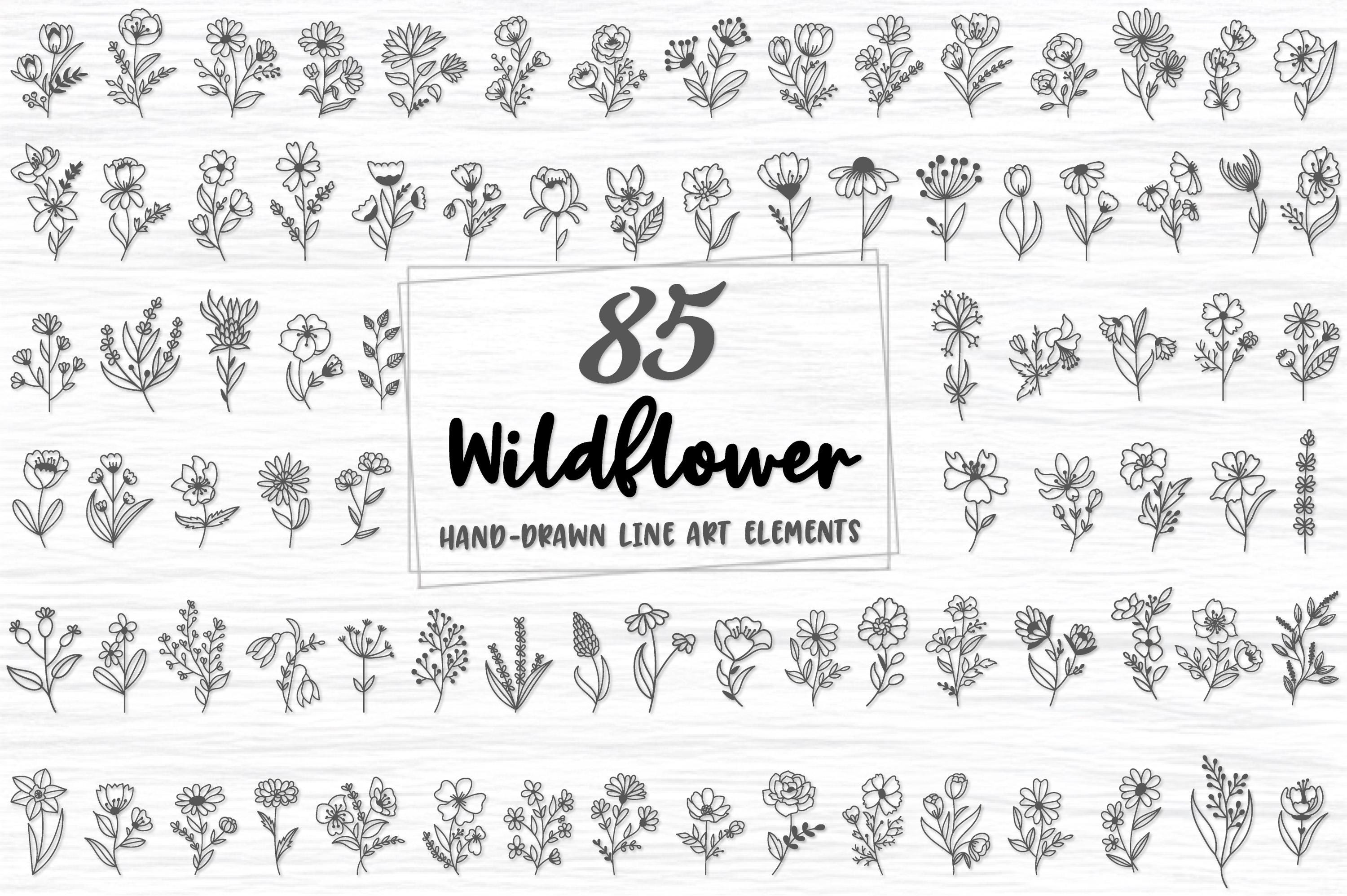Wildflower Line Art SVG Bundle: Hand-drawn Floral Clipart (digital ...