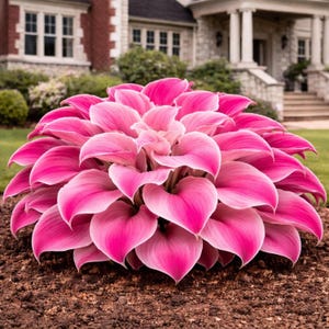 May include: A vibrant pink Hosta plant with large, heart-shaped leaves. The leaves transition from a deep pink to a lighter shade towards the edges, creating a layered effect. The plant is set in brown soil, with a house in the background.