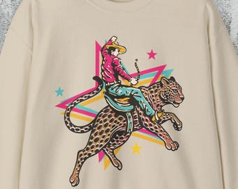 Cowboy Riding Jaguar Sweatshirt, Retro Neon Jaguar Cowboy Crewneck