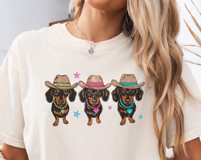 Cowboy Dachshund Trio Shirt, Cute Western Cowgirl Doxin Dogs Comfort Colors Tee