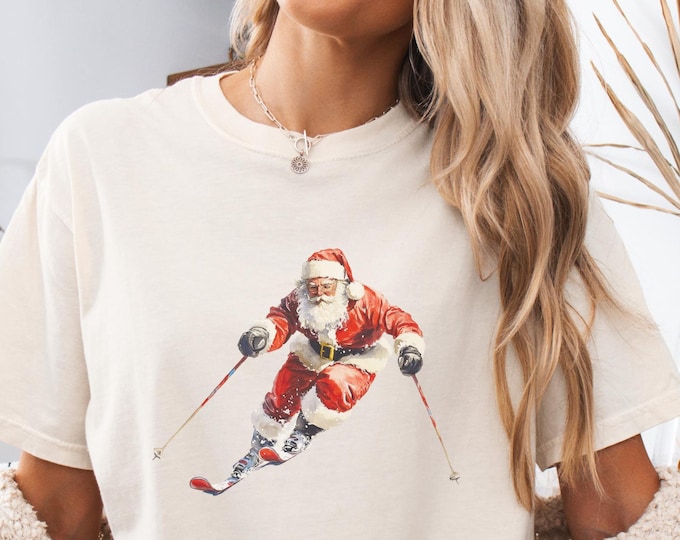 Comfort Colors Skiing Santa Shirt, Unisex Skiing Santa Tee, Christmas Gift for Skier