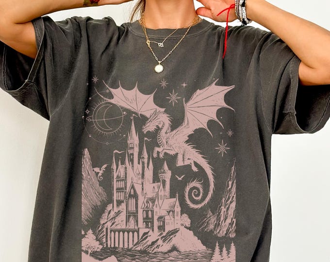 Dragon and Castle Shirt, Vintage Dragon Shirt, Dark Medieval Shirt, Oversized Washed Shirt, Fantasy Reader, Castlecore Dragon Lover