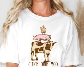 Comfort Colors Stacked Farm Animals Shirt, Cluck Oink Moo Shirt, Stacked Cow Pig Chicken Shirt, 90s Farm Shirt