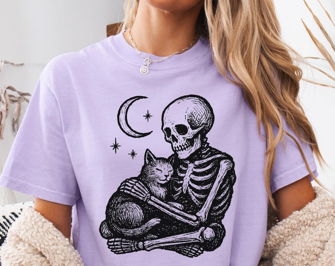 Cat Greif Skeleton Moon Comfort Colors® Shirt, Cat grief shirt, Cat loss shirt, Halloween Black Cat gift