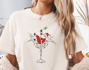 Santa Martini Shirt, Comfort Colors Christmas Martini Tshirt, Women's Holiday Tee, Cute Santa Party Tshirt, Christmas Hand drawn Martini Tee