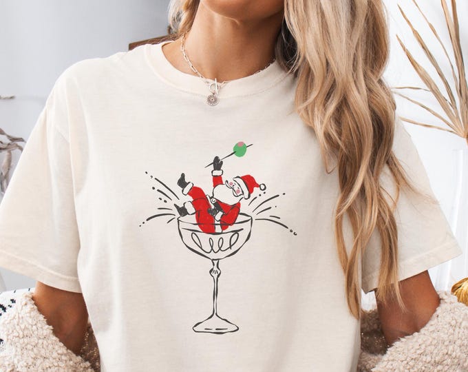 Santa Martini Shirt, Comfort Colors Christmas Martini Tshirt, Women's Holiday Tee, Cute Santa Party Tshirt, Christmas Hand drawn Martini Tee