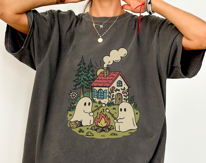 Comfort Colors® Сute Ghost Campfire Shirt, Сute Little ghost cottagecore t-shirt, Boo Ghost Bonfire Shirt, marshmallow Ghost