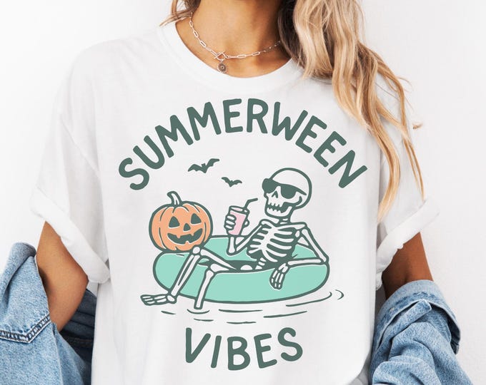 Summerween Comfort Colors® Shirt, Funny Skeleton Pumpkin Shirt, Spooky Fall Graphic Shirt, Retro Halloween Womens Shirt