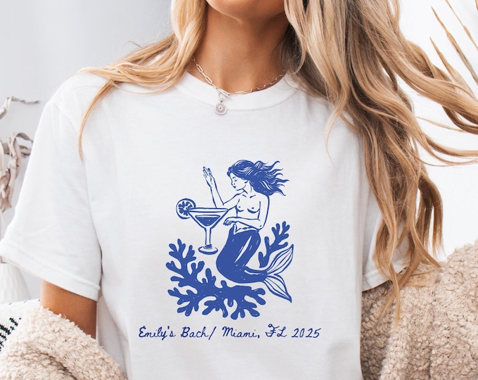 Custom Beach Bachelorette Comfort Colors Shirt, Coastal Bride Trip Tee, Bikini Shell Cocktail Party Shirt, Mermaid Party Shirt