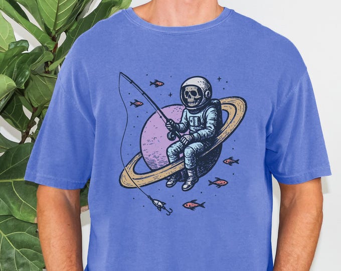 Skeleton Astronaut Fishing TShirt, Halloween Space Shirt, Graphic Tee for Space Lovers, Saturn Shirt, Perfect Gift Sci-Fi Lover,Weird Shirt