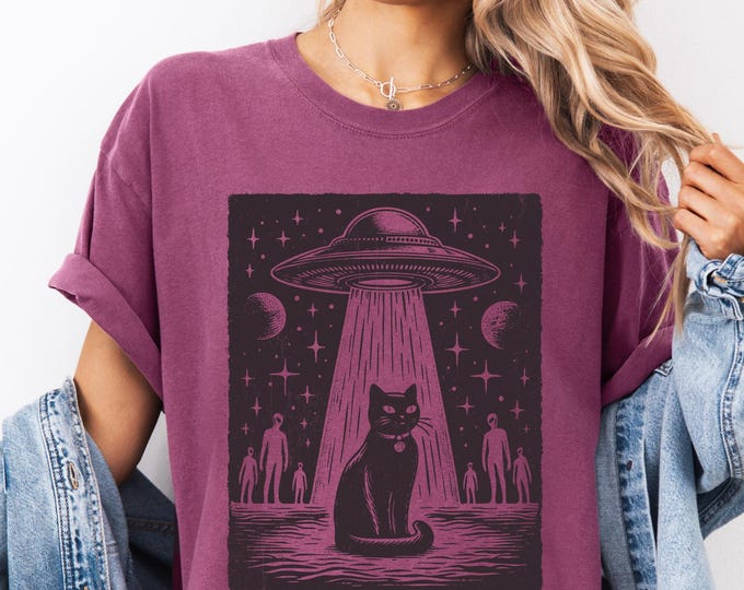 UFO Cat Comfort Colors® Shirt, Funny UFO Cat Tshirt, Oversized Shirt, Aesthetic Graphic Retro Vintage T Shirt, Purranormal Cativity
