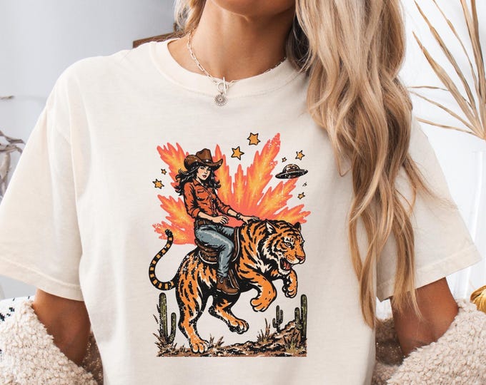 Cowgirl Riding Tiger Shirt, UFO Desert Tiger Rodeo Comfort Colors Tee