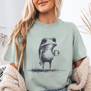 Frog Drinking Coffee Tshirt, Comfort Colors Unique Frog Coffee Tshirt, Frog Meme Graphic Tee, Mystical Toad Shirts, Frog Lovers Gag Gift Top