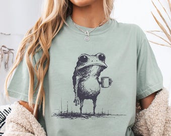 Frog Drinking Coffee Tshirt, Comfort Colors Unique Frog Coffee Tshirt, Frog Meme Graphic Tee, Mystical Toad Shirts, Frog Lovers Gag Gift Top