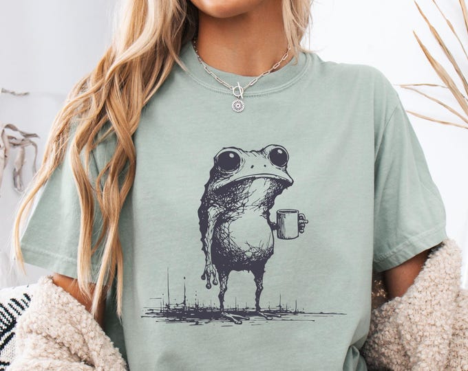 Frog Drinking Coffee Tshirt, Comfort Colors Unique Frog Coffee Tshirt, Frog Meme Graphic Tee, Mystical Toad Shirts, Frog Lovers Gag Gift Top