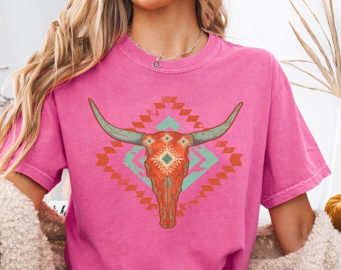 Turquoise Aztec Longhorn Skull Comfort Colors Shirt