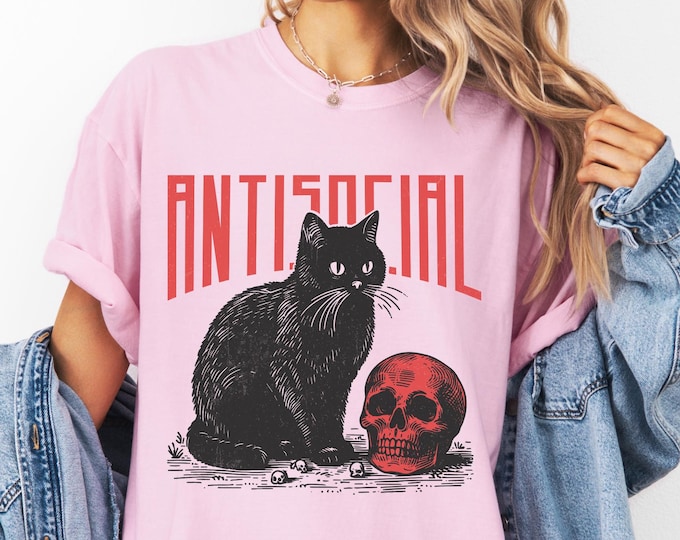 Antisocial Cat Tee, Gothic Cat Shirt, Womens Funny Shirt, Antisocial Shirt, Halloween T-shirt, Awkward Shirt, Introvert Tee