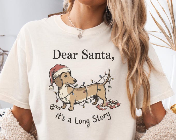 Dear Santa Its a Long Story Dachshund Shirt, Comfort Colors Christmas Lights Doxin Tee