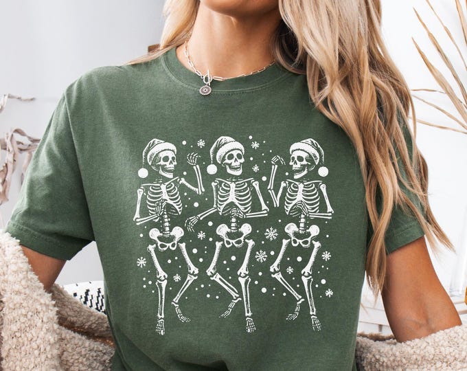 Comfort Colors Dancing Christmas Skeletons, Emo Christmas Shirt, Sorta Merry Sorta Scary Shirt, Faded Skeleton Creepmas Christmas Tee