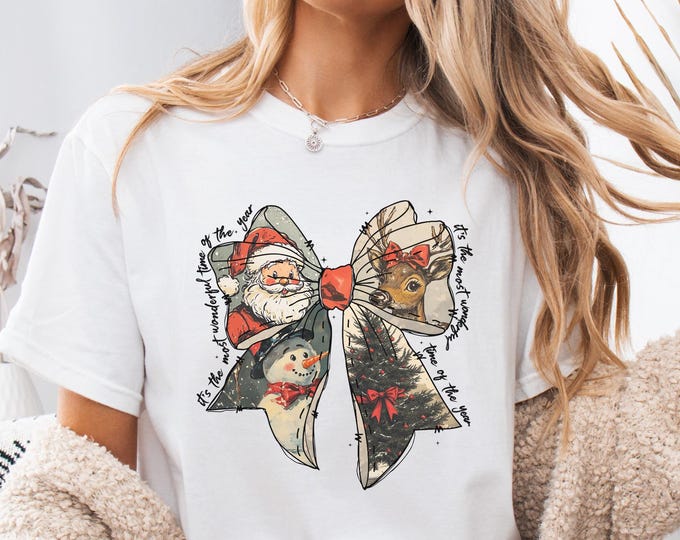 It's the most wonderful time of the year Shirt, Santa Claus Shirt, Vintage Christmas Shirt, Christmas Coquette bow TShirt, Reindeer snowman