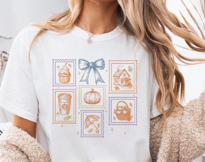 Fall Postage Stamp Comfort Colors Shirt, Cozy Autumn Tee, Trendy Vintage Stamp Tshirt, Soft Cotton Fall Shirt, Pumpkin Cozycore Aesthetic