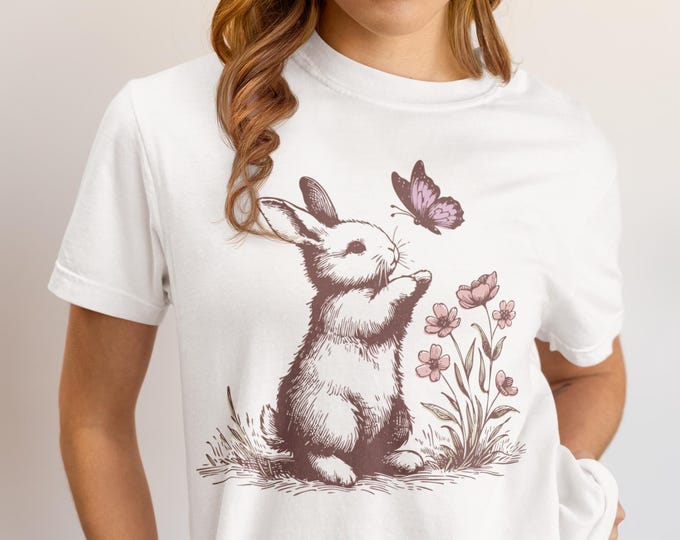 Fall Wildflowers Bunny Shirt, Floral Butterfly and Rabbit, Pressed Flower Rabbit Aesthetic Shirt, Bunny Lover Tee Shirt