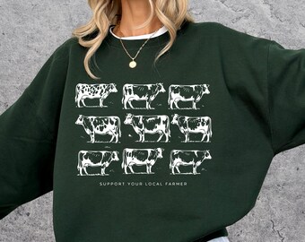Support Your Local Farmer Cow Sweatshirt, Vintage Farm Animals Crewneck, Dairy Farming Crewneck