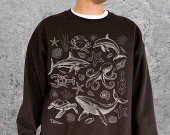 Sea Animals Vintage 90s Sweatshirt, Retro Ocean Crewneck, Turtle Whale Shark Creatures Sweater, Sealife Unisex Pullover, Beach Lovers Gift