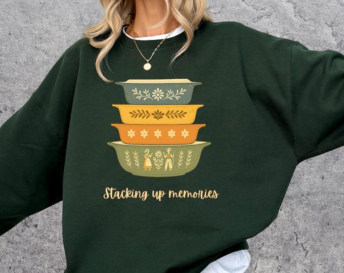 Stackin Up Memories Pyrex Crewneck Sweatshirt, Vintage Pyrex Kitchen Crewneck