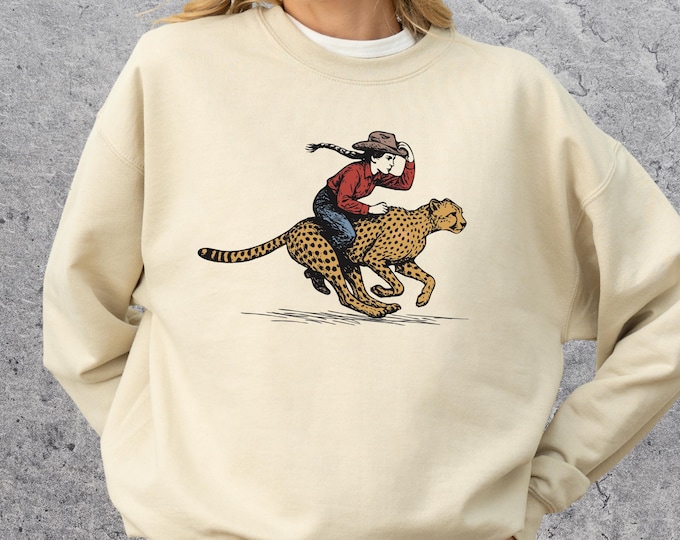 Cowgirl Riding Cheetah Crewneck, Western Safari Sweatshirt, Cowgirl Riding Leopard