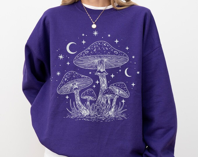 Mushroom Night Sky Moon and Stars Fungi Illustration Sweatshirt