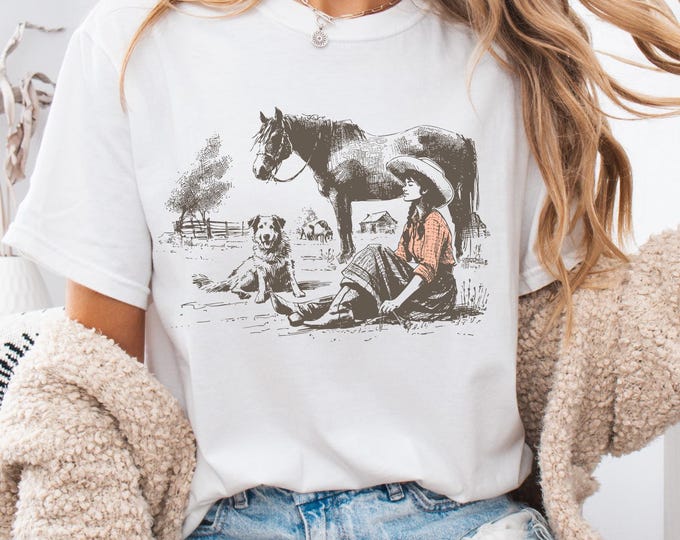 Cowgirl with Dog shirt, Comfort Colors life on the open range shirt, Crunchy mama, homestead shirt