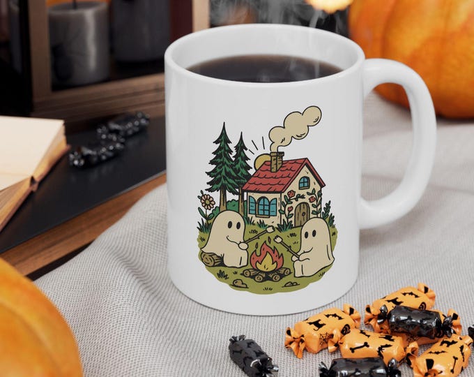 Cute Cottagecore Ghost Coffee Mug, Spooky Campfire Ghost Mugs, Wildflower Ghost Mug