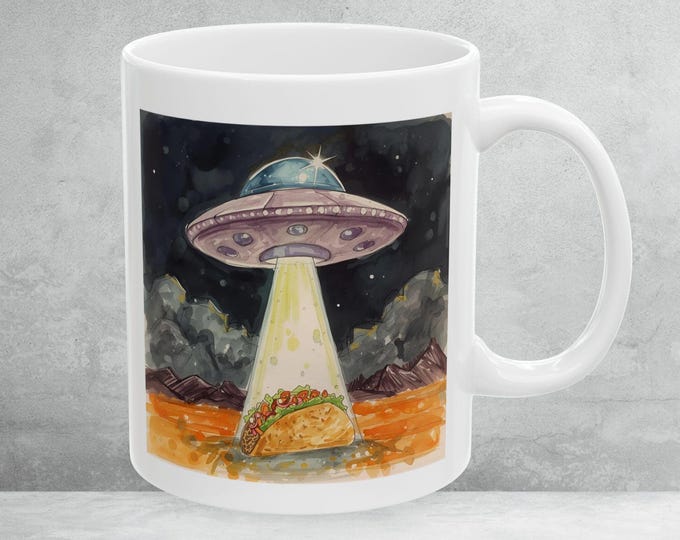 Taco Bell UFO Mug, Alien Spaceship UFO Coffee Cup, Sci-Fi Extraterrestrial Kitchen Decor, Outer Space Gift, Funny Food Lover Taco Bell Mug