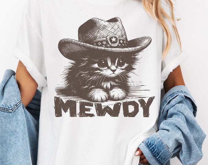 Mewdy Cat Comfort Colors TShirt: Funny Cowboy Kitty Tee