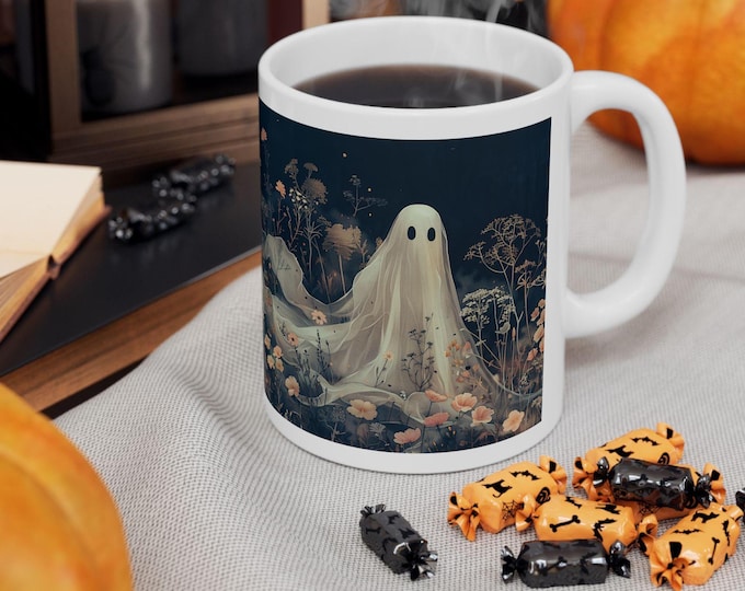 Ghost in Wildflowers, Gothic Ghost Ceramic Mug, Haunted Ghost Mug, Halloween Coffee Cup, Vintage Ghost Mug, Spooky Tea Mug,Witchy Floral Mug