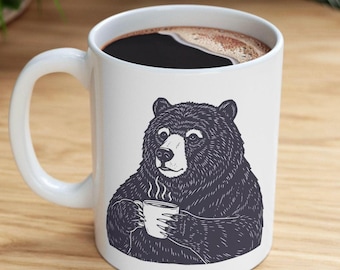 Bear Drinking Coffee Mug, Woodland Animal Lovers Coffee Mugs, Hipster Nerdy Animal Coffee Mug Grizzly bear Lovers Gifts Cup, Alaska Mug
