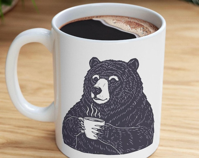 Bear Drinking Coffee Mug, Woodland Animal Lovers Coffee Mugs, Hipster Nerdy Animal Coffee Mug Grizzly bear Lovers Gifts Cup, Alaska Mug