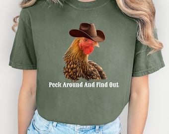 Cowboy Chicken 'Peck Around And Find Out' Shirt, Comfort Colors Funny Western Chicken Tee, Funny 90s Farm Rooster Tee