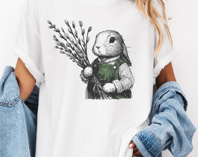 Bunny T-shirt, Bunny Graphic Tee, Comfort Colors Shirt, Rabbit in Overalls, Rabbit owner Gift, Cute Rabbit Apparel, Cottagecore
