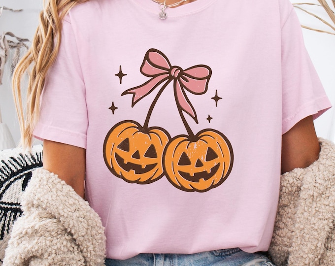 Comfort Colors Pumpkin Cherries Autumn Shirt, Halloween Pumpkin T Shirt, Fall pumpkin Shirt,Pumpkin Cheeries Coquette Shirt,Fall Girly Shirt