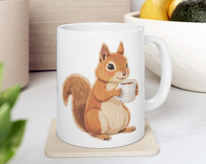Squirrel Drinking Coffee Mug, Woodland Animal Lovers Coffee Mugs, Hipster Nerdy Animal Coffee Mug