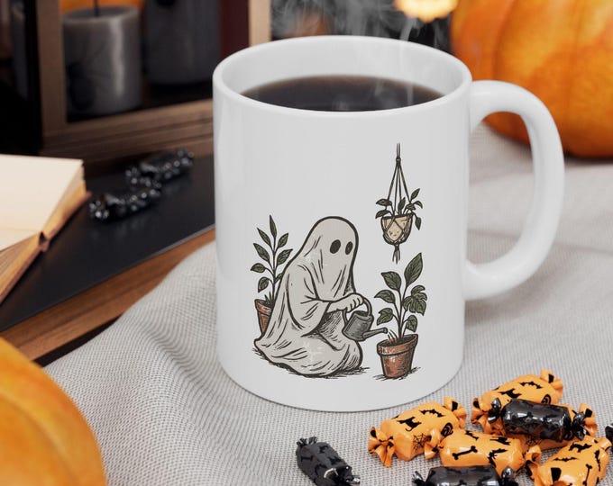 Cute Ghost Planting Coffee Mug, Ghost Lovers Mug, Halloween Gift Cup, Fall Mugs, Wildflower Ghost Mug