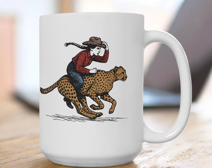 Cowgirl Riding Cheetah Mug, Western Safari Mug