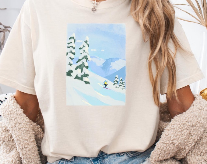 Snowy Mountain Ski Shirt, Comfort Colors Ski shirt, Apres ski Shirt, Backcountry ski Shirt, gift for powder skier, Watercolor Mountains