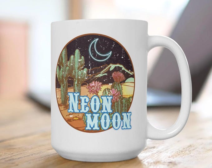 Neon Moon Mug, Retro Moon Country Mug, Vintage Moon Cactus Mug