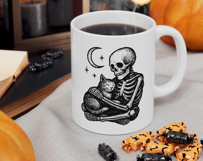 Cat Grief skeleton moon mug, Cat loss Mug, moon cat mug, Halloween skeleton cat mug