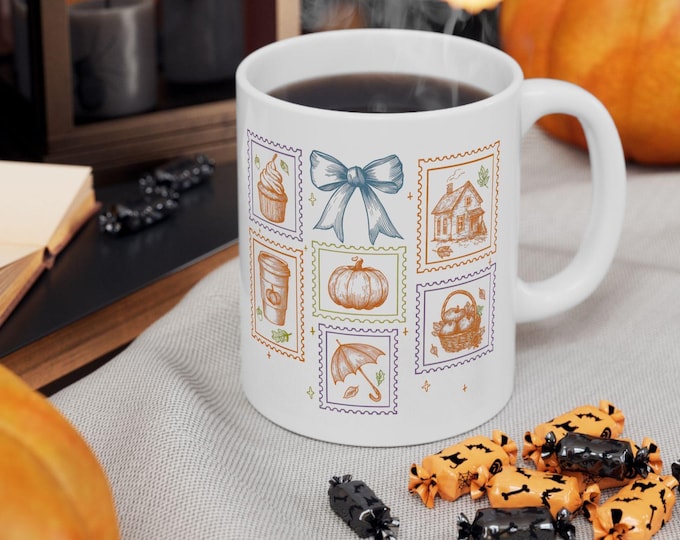 Fall Postage Stamp Mug, Cozy Autumn Mug, Trendy Holiday Mug,  Fall aesthetic, Thanksgiving Gift, Halloween Mug, Perfect gift for Teacher