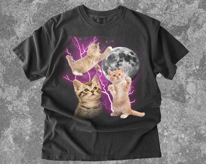 Three Cats Retro Moon Graphic Shirt, Kitty Lightning Moon Shirt, Comfort Colors Meme Graphic 90's Kitty Moon Tee